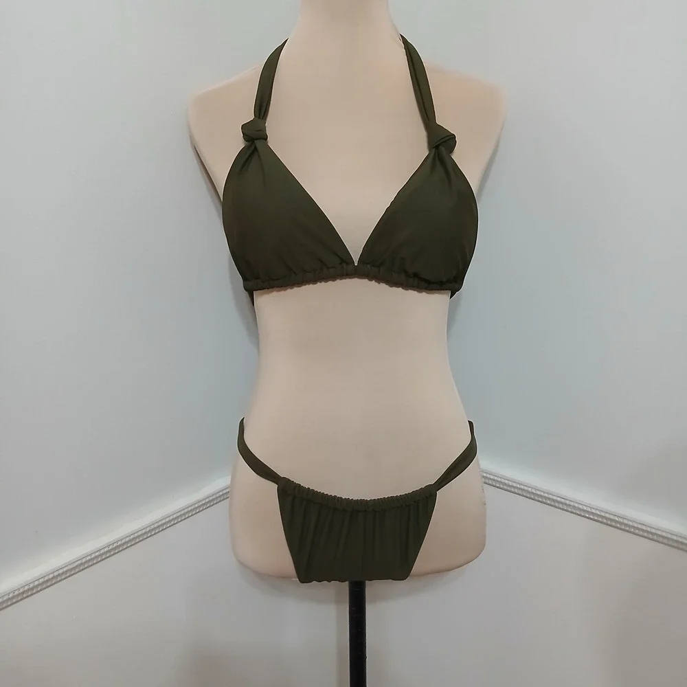 Womens‎ Olive Green Triangle Halter Bikini Set Size Large Ruched Bottoms NWOT